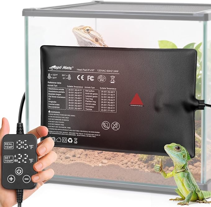 Reptile Heating Pad with Internal Sensor&Thermostat, 8" x 18" 24W Under Tank Heater Mat for 10-40 Gallon Tanks, IP67 Waterproof Safe Heat for Turtles, Bearded Dragons, Snakes, Lizards and Seedling