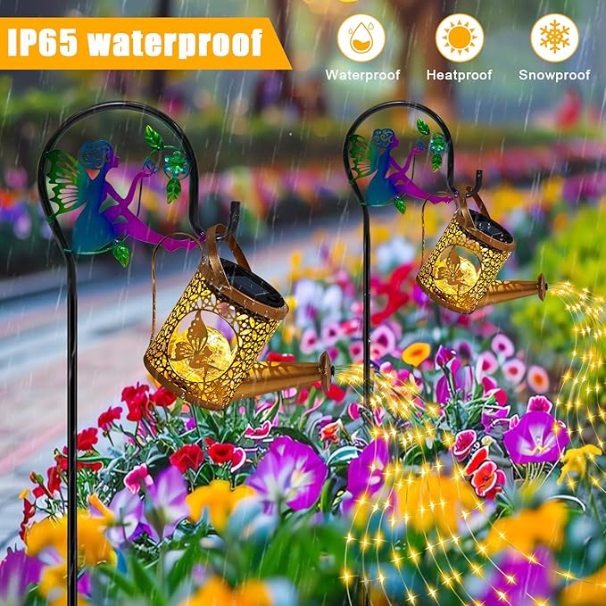 Solar Lights Garden Decorative, Solar Watering Can with Cascading Lights, Waterproof Metal Lantern with Fairy Shepherd Hook, Outdoor Decor for Yard, Patio, Gifts for Mother's Day, Women Mom