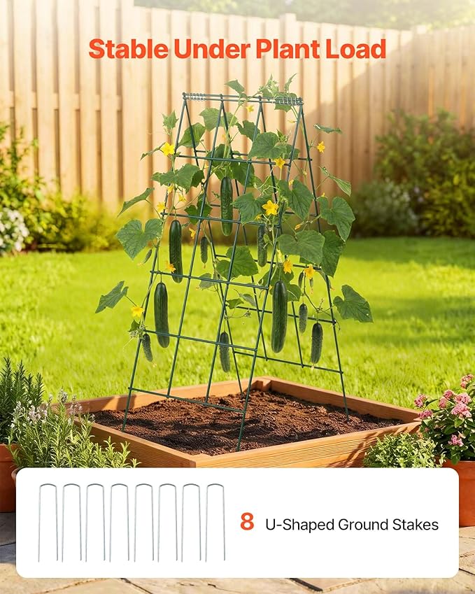 VEVOR Cucumber Trellis, 46" High Foldable A-Frame Garden Trellises for Raised Bed, 4 Panels, Metal Rustproof Outdoor Climbing Plant Support with 2 Plant Bags for Vine, Peas, Beans, Tomato, Flowers