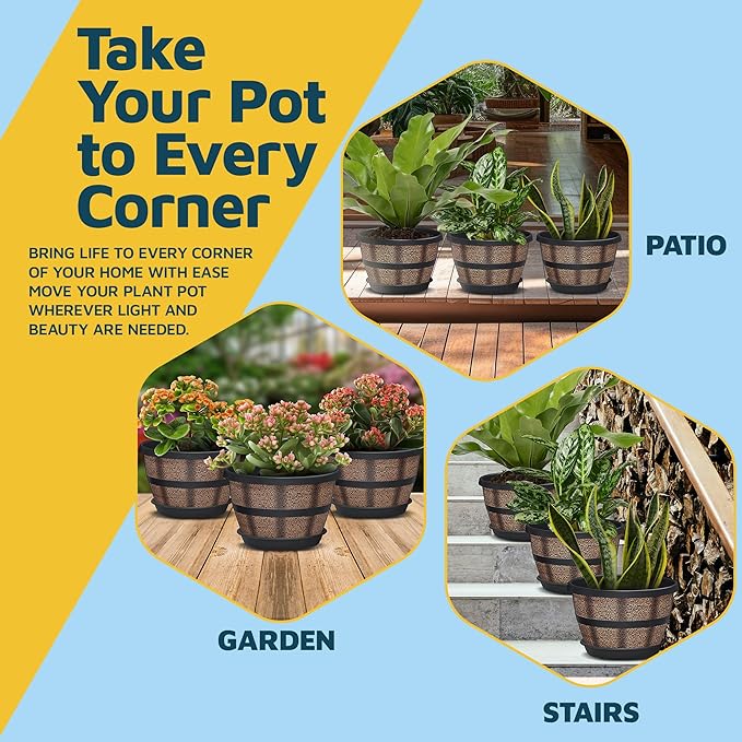 10-Inch Whiskey Barrel Planters Outdoor Pack of 6, Plastic Decoration Plant Pots for Indoor & Outdoor Use with Drainage & Saucer, Rustic Garden Planters for Flowers, Small Plants & Herbs