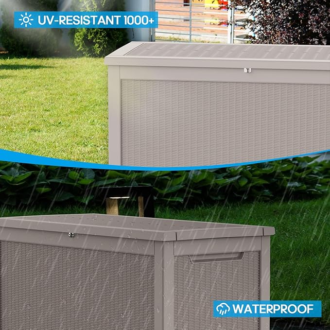 Vixzen 320 Gallon Resin Deck Box, Lockable Outdoor Storage Box for Patio Cushions Storage Furniture,Garden Tools, Pool Supplies, Weatherproof and UV Resistant（Grey，320 Gallon）