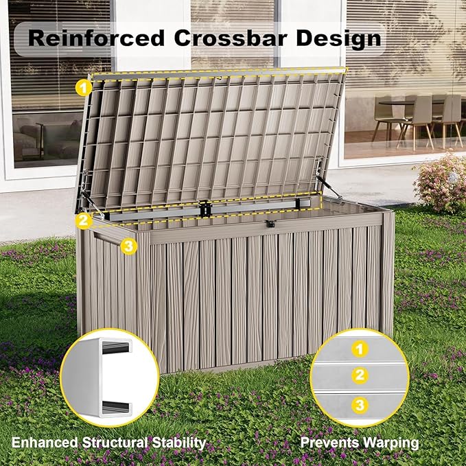 200 Gallon Outdoor Storage Deck Box Lockable Waterproof Resin Outside Bench UV Resistant Bin Patio Porch Furniture Pool Float Garden Tool Cushion Grey
