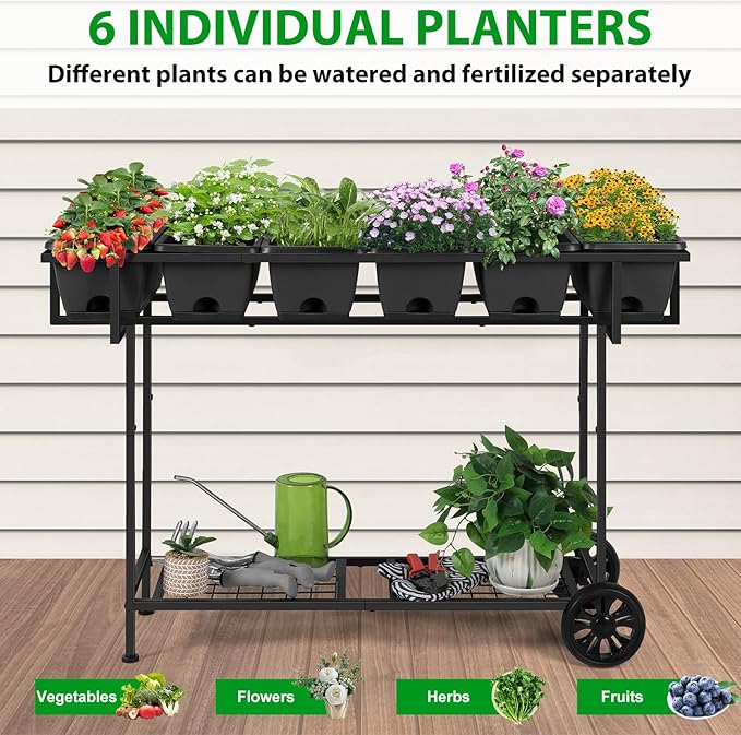 Vrisa Elevated Garden Bed with Shelf 43x17x29 in Outdoor Raised Planter Box with Legs and Wheels Vegetables Herbs Flowers Garden Box with Drain Outlet for Backyard, Patio, Balcony, Grey