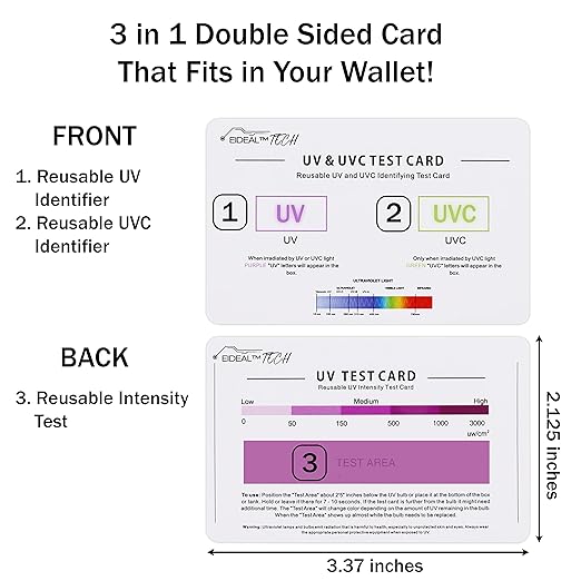 EIDEAL™ | UV & UVC Test Card & UV Intensity Test Card | 3-in-1 UV Test Card | UVA & UVC Light Identifying Card | UV Bulb & LED Intensity Reading Card | UV Dosage Indicator Card | UVB Tester