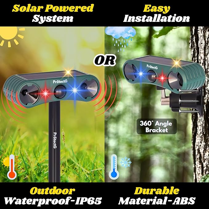 2 Pack Solar Ultrasonic Animal Repellent - Extended Coverage Deterrents - Waterproof Farm, Orchard, Large Yard Wildlife Defense for Cat, Squirrel, Raccoon, Skunk, Bird, Deer Repeller