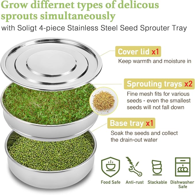 SOLIGT Stackable Stainless Steel Seed Sprouting Kit, 2-Tier Mesh Sprouting Trays, 1 Base and 1 Cover Lid
