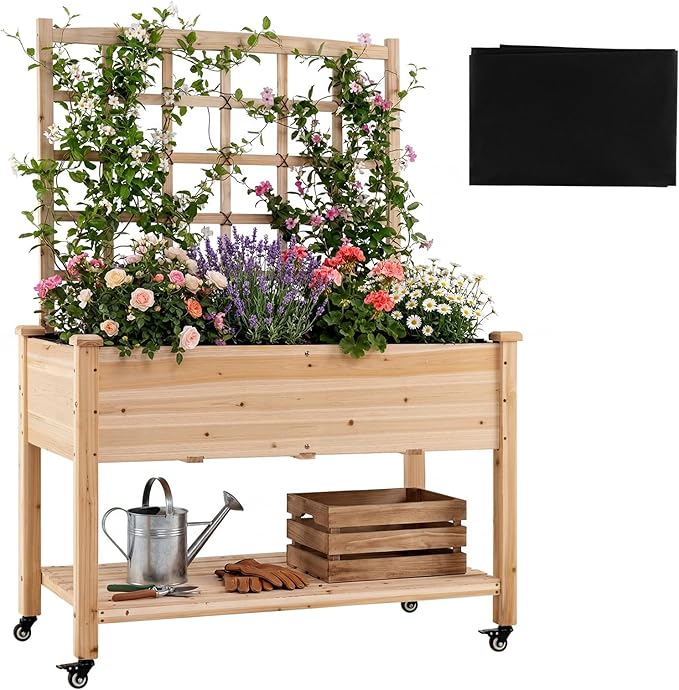 Giantex 65'' Wooden Raised Garden Bed w/Trellis on Wheels, Mobile Elevated Planter Box w/Legs, Liner & Drainage Holes for Climbing Plant Vegetable Herb Flower, Outdoor Garden Box, Backyard Balcony