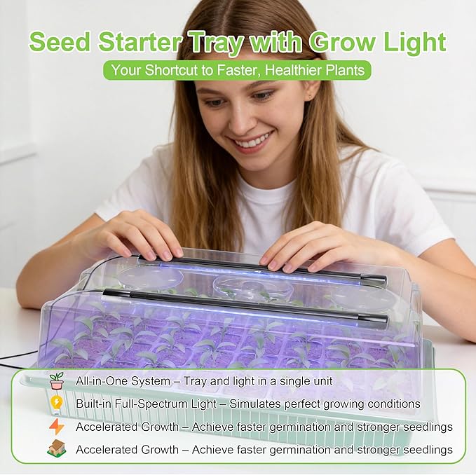 Seed Starter Tray with Grow Light, 2 Pack 80 Cells Seed Starter Kit, Complete System with Humidity Dome, Full Spectrum LED, Dimmable Timer for Indoor Gardening & Seedlings