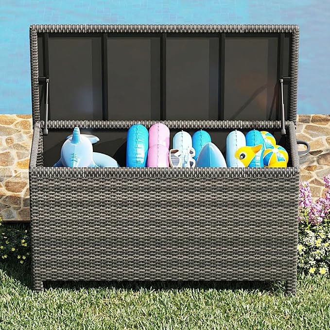Wicker Deck Box, 185 Gallon All-Weather Outdoor Storage Box, Rattan Storage Bin for Patio Furniture, Outdoor Cushions, Pool Storage and Garden Tools, Grey