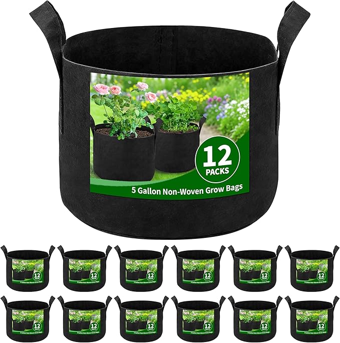 12 Pack 5 Gallon Grow Bags, Heavy Duty 300g Nonwoven Fabric Plant Pots with Reinforced Handles, Breathable Tomato Potato Vegetable Grow Bags for Garden & Patio - Black