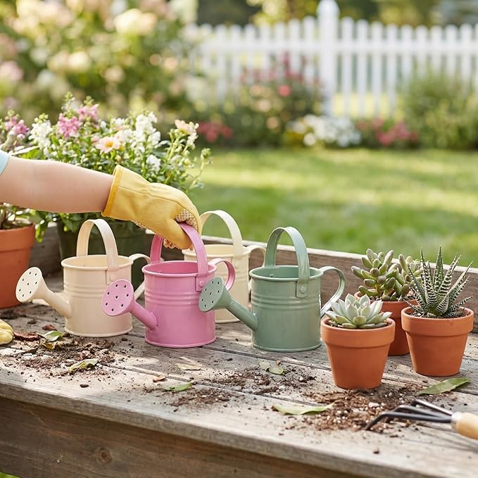 NUOBESTY 5Pcs Mini Kids Watering Can Set, Metal Cans Toddlers Small Long Spout Watering Can for Garden Play, Indoor Balcony Plants, Patio Flowers, Little Hands (Random Colors)