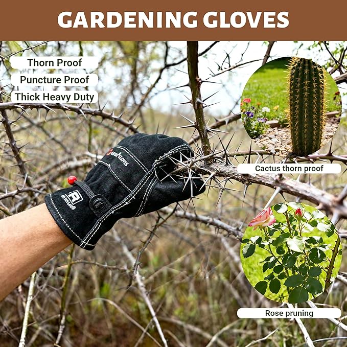 Leather Work Gloves for Women with Cotton Lining, Thorn Proof Cactus Gardening Yard Work Gloves for Rose Pruning, TIG/MIG Welding, Construction, Heat-Resistant for Cooking, BBQ (Black, Small)
