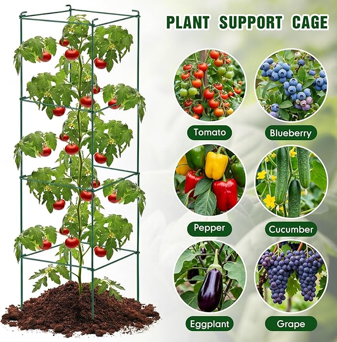 Hicarer 16 Pack Square Tomato Cage Heavy Duty Tomato Cages for Garden Vegetable Plant Trellis Stakes Plant Support Stake Tower for Climbing Vegetables Plants Flowers Fruit (11.5 x 46 Inches,Green)