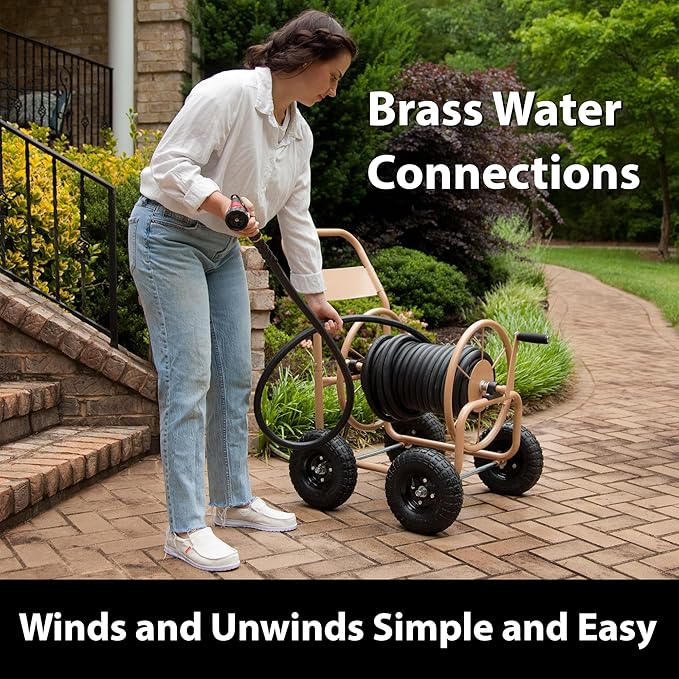 Liberty Garden Industrial 4 Wheel 300 Foot of 0.625 Inch Hose Steel Frame Water Hose Reel Cart for Backyard, Garden, or Lawn, Beige