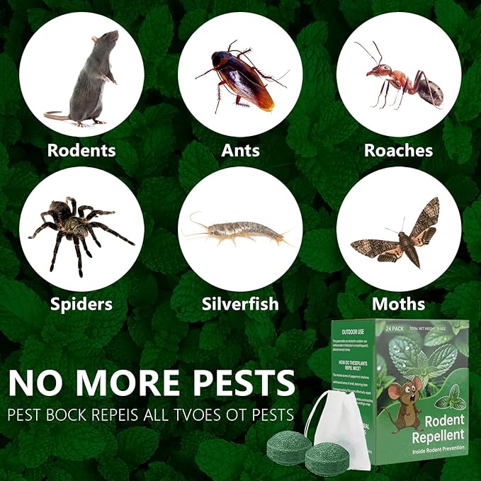 Mouse Rodent Repellent, 24 Pack Peppermint Lemon Oil Mice Repellent for Squirrel Rats Spider Pests, Natural Deterrent for Kitchen, Warehouse, Car, Indoor, Outdoor Safe for Pets & Family