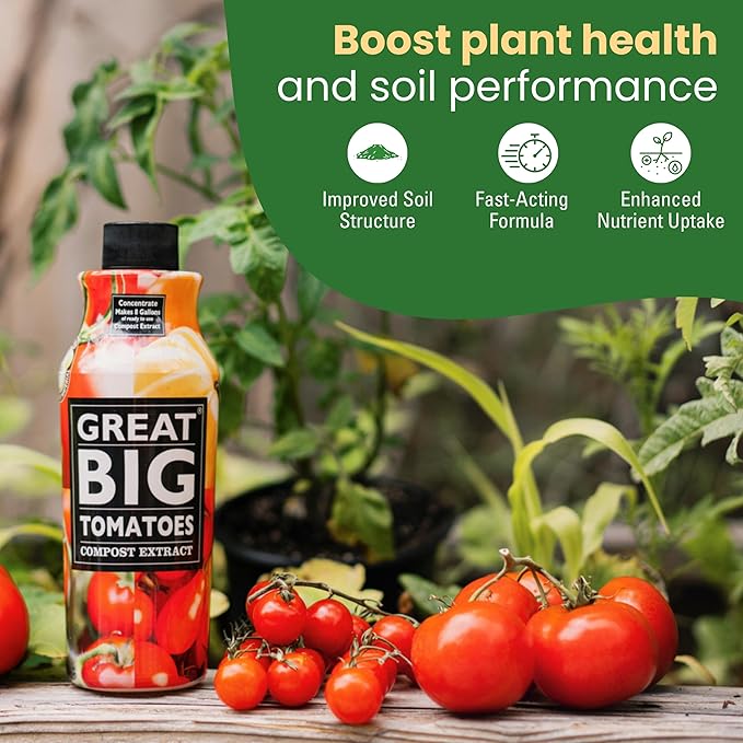 Great Big Tomatoes Soil & Fertilizer Booster for Big Vegetable Yields, Better Fertilizer & Plant Food Efficiency, & Garden Performance. Perfect for Beginners. 2.5 Gallon Concentrate (Makes 80 Gallons)