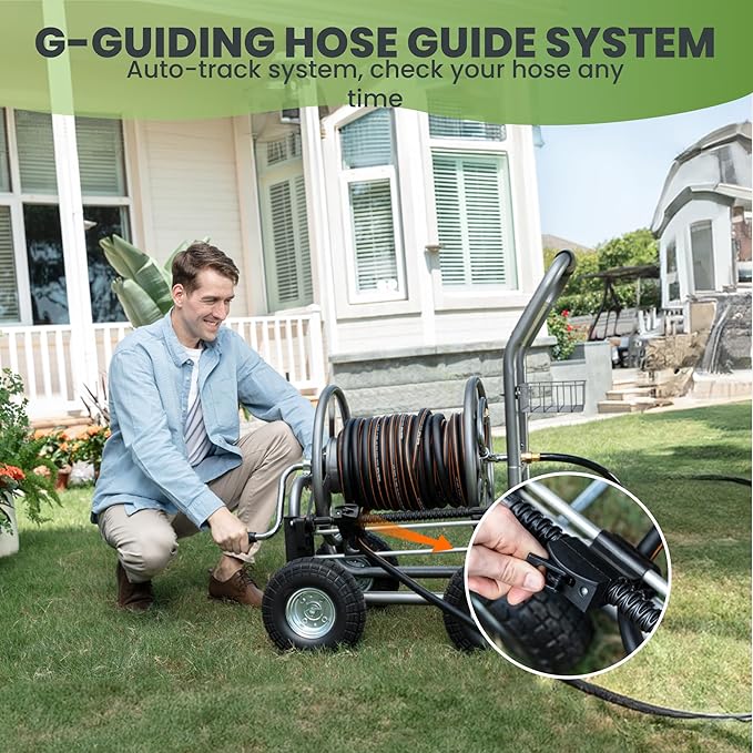 Giraffe Tools Garden Hose Reel Cart, Cart with Wheels Heavy Duty, Industrial Hose Reels for Outside, 250-Feet of 5/8" Hose Capacity, Hose Guide Pre-Installed