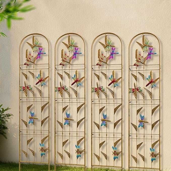 4 Pack Metal Garden Trellis with Colorful Dragonfly Outdoor Decoration Arched Fence Trellis for Climbing Plants for Patio, Backyard