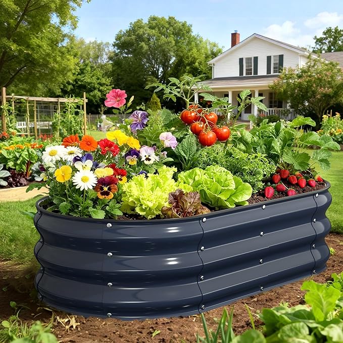 Raised Garden Bed 4×2×1 FT, Galvanized Metal Raised Planter Box Decorative Vegetable & Flower Planting Container for Patio Entryway Poolside Outdoor Landscaping Midnight Blue