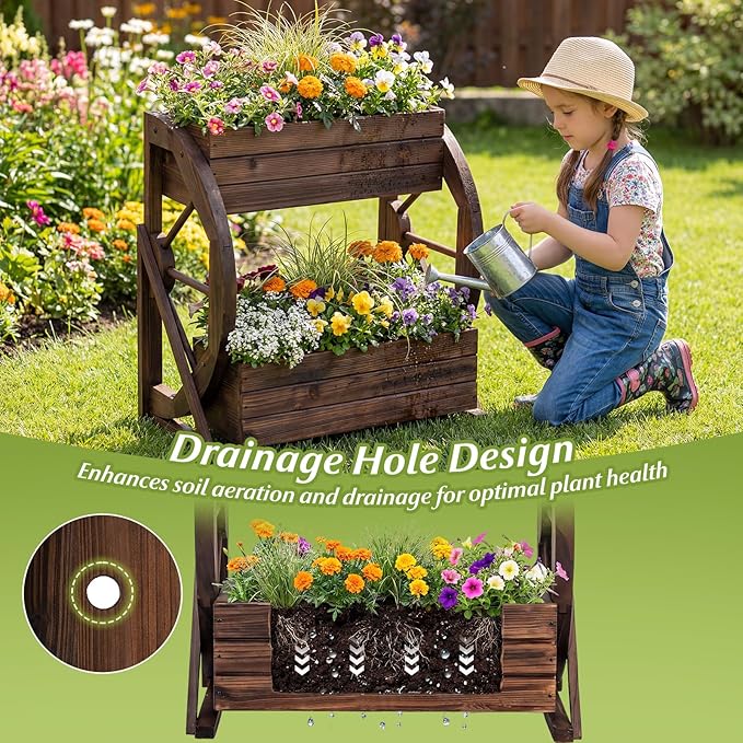 Giantex Wooden Wagon Planter Box, 2 Tier Raised Garden Bed with Drainage Holes, Rustic Wood Planter for Flowers Herbs Vegetables, Indoor Outdoor Patio Garden Balcony