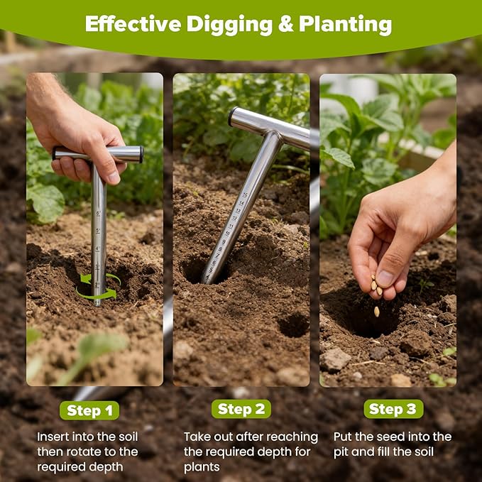 Dibbler Gardening Tool Stainless Steel, Hand Dibber Seed Planter Tool, T-Handle Bulb Planter Tool, Hand Held Hole Digger for Tulip Garden Tool