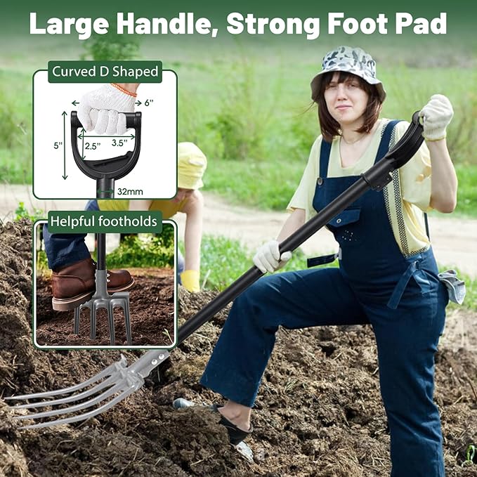 Lilyvane Garden Fork, 4-Tine Gardening Pitchfork with 35” Metal Handle, 46” Long Heavy Duty Digging Manure Forks for Farm Garden Mulch Spreading, Loosening,Potato Digging Composting Transplanting