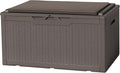 Flamaker Deck Box with Cushion 98 Gallon Waterproof Resin Storage Box with Air Rod Indoor Outdoor Lockable Storage Bench for Patio Furniture, Tools, Pool Accessories (Deep Brown)