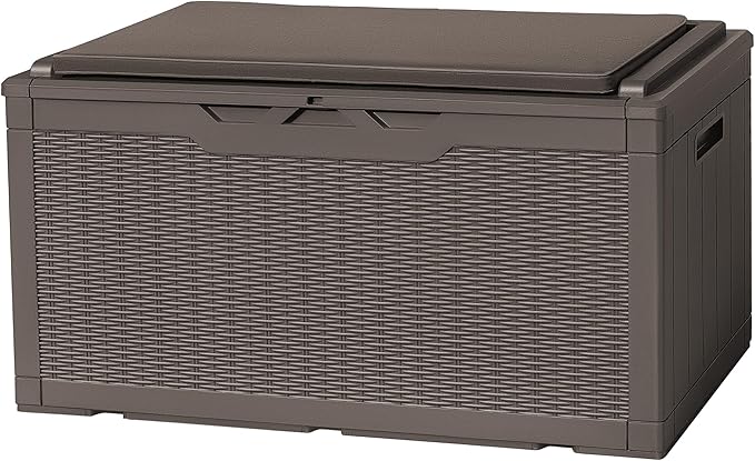 Flamaker Deck Box with Cushion 98 Gallon Waterproof Resin Storage Box with Air Rod Indoor Outdoor Lockable Storage Bench for Patio Furniture, Tools, Pool Accessories (Deep Brown)