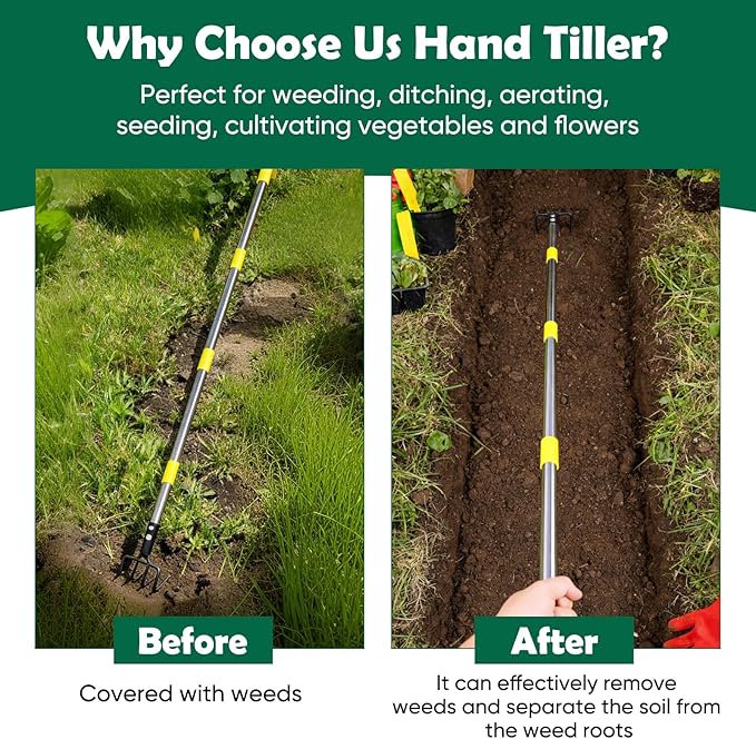 Garden Hand Tiller Cultivator, 4-Tine Adjustable Long Handle, Heavy Duty Weeding Tool for Raised Beds, Rust-Resistant Soil Loosener for Flower & Vegetable Gardens
