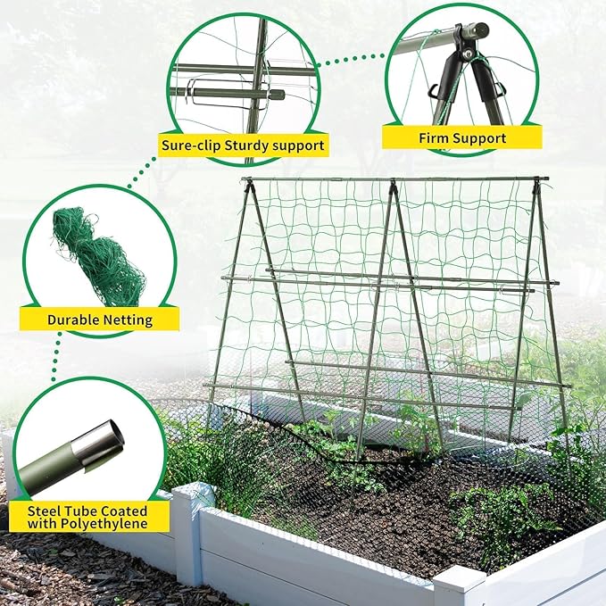 Lalahoni Cucumber Trellis, 4ft x 4ft Metal A-Frame Garden Trellis Climbing Plant Outdoor Support Fruit Grape Vine Vegetable Tomato Pea Bean Cucumber Trellis Raised Bed, with Netting, Green