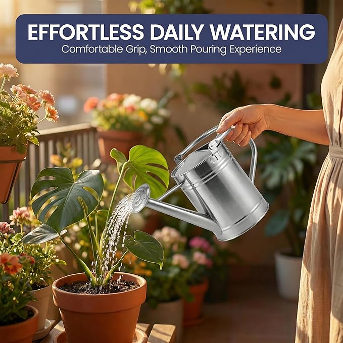 Gardenised 1 Gallon Galvanized Metal Watering Can with Removable Long Spout & Sprinkler Head for Indoor & Outdoor Use Ideal for Garden Flowers Plants Houseplants Modern Home Accessories, Silver- Tone