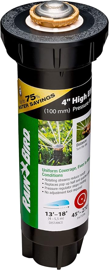 Rain Bird 12SAPROPR Pressure Regulating (PRS) High-Efficiency Pro Rotary Sprinkler, Hand Adjustable 45° - 270° Pattern, 13' - 18' Spray Distance, 4" Pop-up Height
