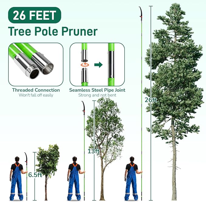 VINGLI 26FT Manual Pole Saw for Tree Trimming, Extendable Tree Pruner, Sharp Steel Blade and Scissors, High Tree Branch Cutter with Lightweight 8 Fiberglass Long Handles, for Pruning Palms and Shrubs