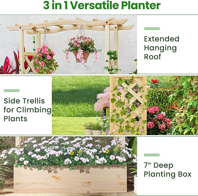 Giantex Raised Garden Bed with Trellis & Hanging Roof, Wooden Elevated Planter Box with Drainage Hole, Freestanding Gardening Planter Raised Bed for Flowers Herbs Climbing Plants Vines, 44”x14”x45”