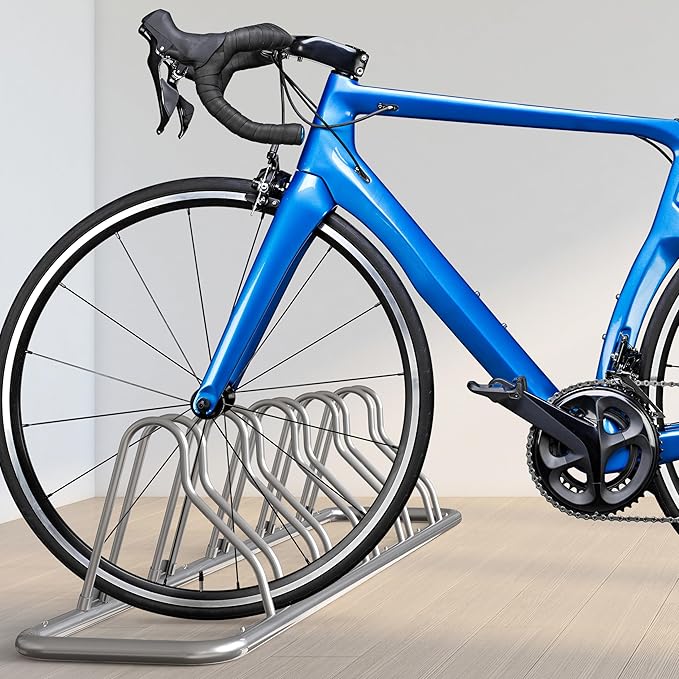 Simple Houseware 5-Bike Floor Storage Rack - Adjustable Bicycle Parking Stand & Garage Organizer for Road and Kids Bikes, Silver