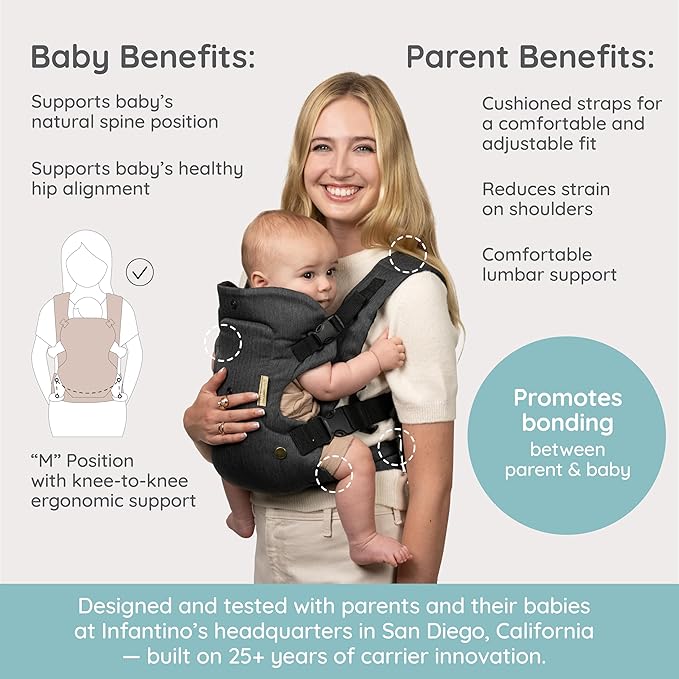 Infantino Flip Luxe 4-in-1 Convertible Baby Carrier, Ergonomic Infant to Toddler Carrier, Updated Lumbar Support, Premium Herringbone Fabric, Elevated Accents, Hands-Free Comfort, 7–35 lbs, Onyx