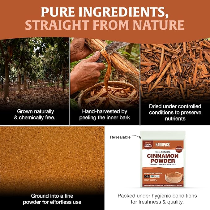 HANDPICK, Cinnamon Powder (397g/14oz) Non GMO, Gluten Free, 100% Raw, Sourced from South India, For Cooking, Smoothies, Lattes, Tea, Packed in Resealable Ziplock Pouch