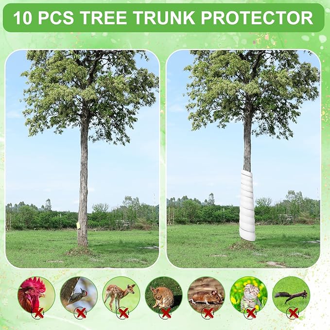 10 Pcs Tree Trunk Protector - 2 Size Plastic Spiral Tree Guard Wrap, Bark Protector Tube for Saplings, Protects from Deer, Rabbits, Cats, Rodents & Mowers (White, PP Material)