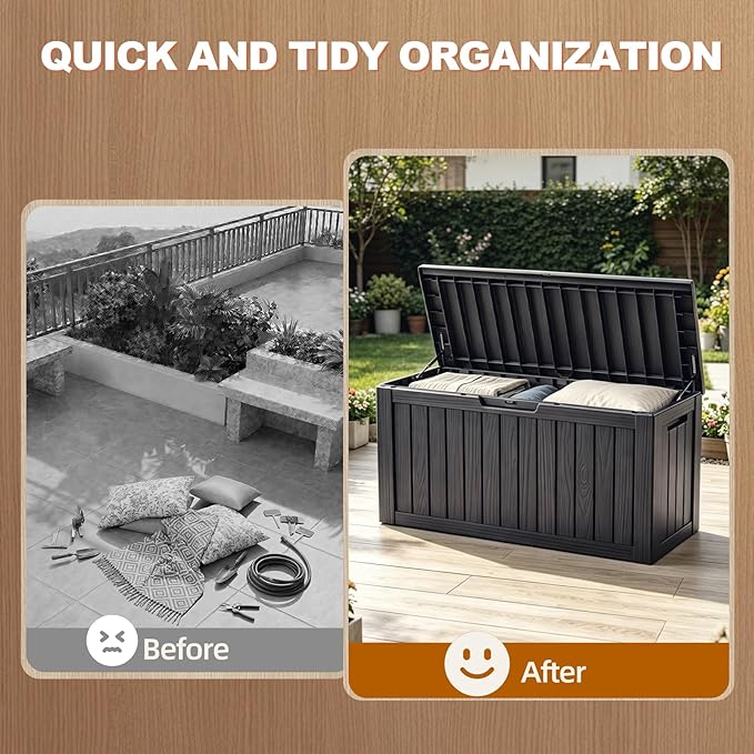 EFU Outdoor Storage Box 80 Gallon Deck Box (Indoor & Outdoor) Lockable UV Resistance Waterproof Resin Storage Bin Storage Box for Outdoor,Patio Storage With Support Rod(Black)