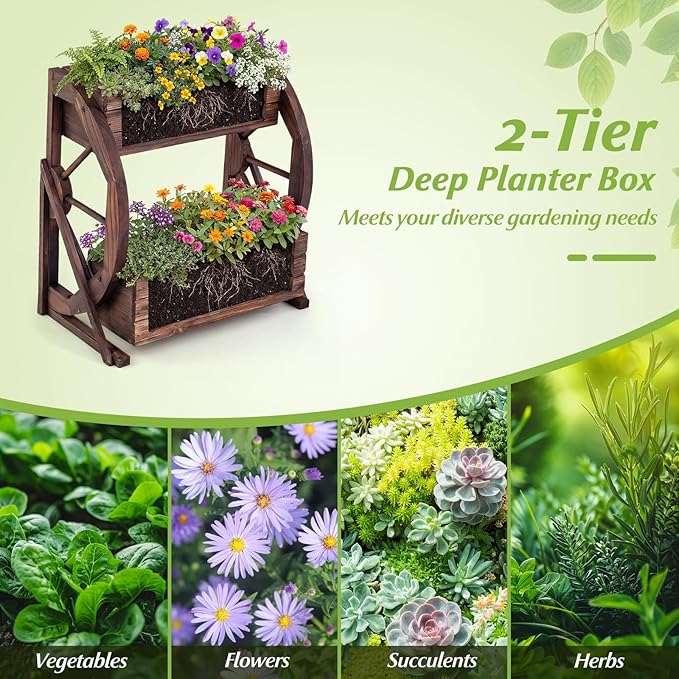 Giantex Wooden Wagon Planter Box, 2 Tier Raised Garden Bed with Drainage Holes, Rustic Wood Planter for Flowers Herbs Vegetables, Indoor Outdoor Patio Garden Balcony