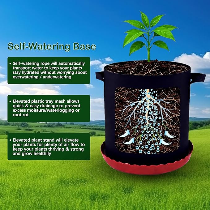 4 Pack 12 inch Self Watering Pot Base for Fabric Grow Bags, Self-watering Plastic Elevated Plant Saucer Stand, Automatic Bottom Tomato Watering Tray for 5 gallon fabric pots