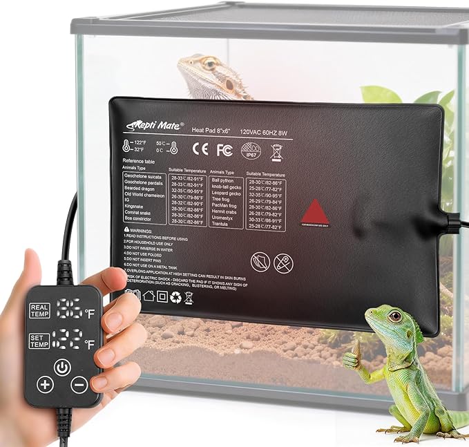 Reptile Heating Pad with Internal Sensor&Thermostat, 8" x 6" 8W Under Tank Heater Mat for 10-20 Gallon Tanks, IP67 Waterproof Safe Heat for Turtles, Bearded Dragons, Snakes, Lizards and Seedling