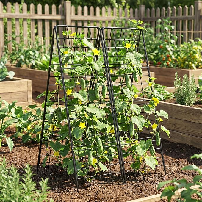 DoCred Cucumber Trellis, 59" H 2 Pack Metal Foldable Thickened A Frame Garden Trellis for Raised Bed Climbing Plants, Vegetables, Including Plant Support Clips, Twist Ties, Plastic Ties, Black