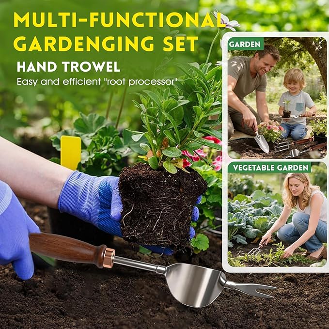 Gardening Tools, 4 Pack Garden Tool Set with Wooden Handles Hand Tools with Transplanting Hand Shovel, Rake and Root Picker Ideal for Digging and Planting