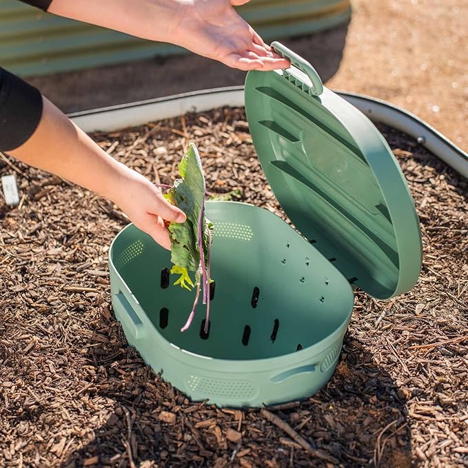 Vego Garden In-Ground Worm Composter Outdoor Farm Compost Bin 7 Gallons BPA-Free Composting System for Raised Garden Beds Sage Green, Twin Pack