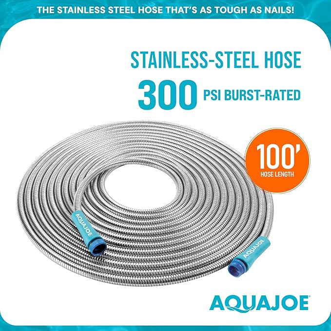 Aqua Joe AJSGH100 1/2-Inch Heavy-Duty, Puncture Proof Kink-Free, Spiral Constructed 304-Stainless Steel Metal, Garden Hose, 100-Foot