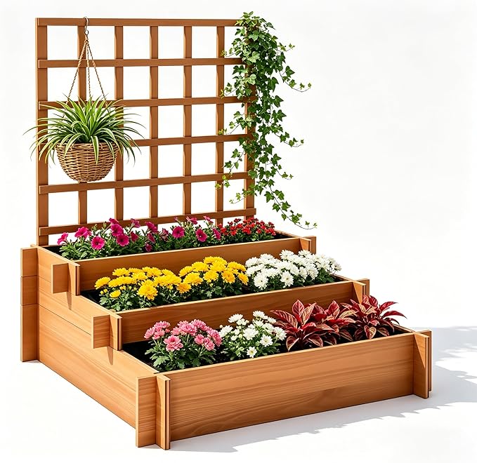 3-Tier Raised Garden Bed with Trellis, 43.3" H Fir Wood Planter Box with Non-Woven Liner, Vertical Climbing Plant Support for Patio Yard, Outdoor Grow Beds for Flowers Herbs Vegetables Fruits