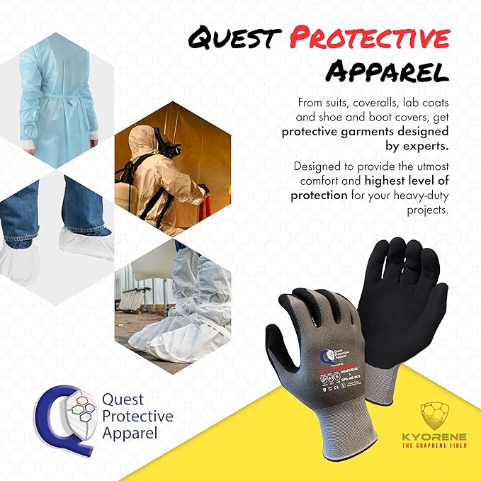 Quest Protective Apparel Cut Resistant Work Gloves (ANSI A1) – Lightweight Graphene Gloves for Gardening,DIY, Mechanical & General Handling – Breathable Grip Gloves for Men & Women – Large, Pack of 12