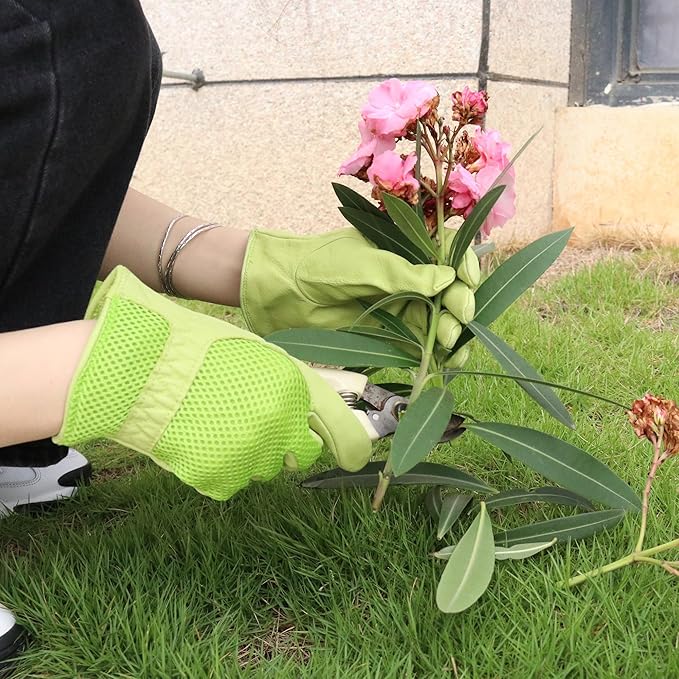 KONGOUARD Women Leather Gardening Gloves, 3D Mesh Breathable Weeding Gloves for Yard Work