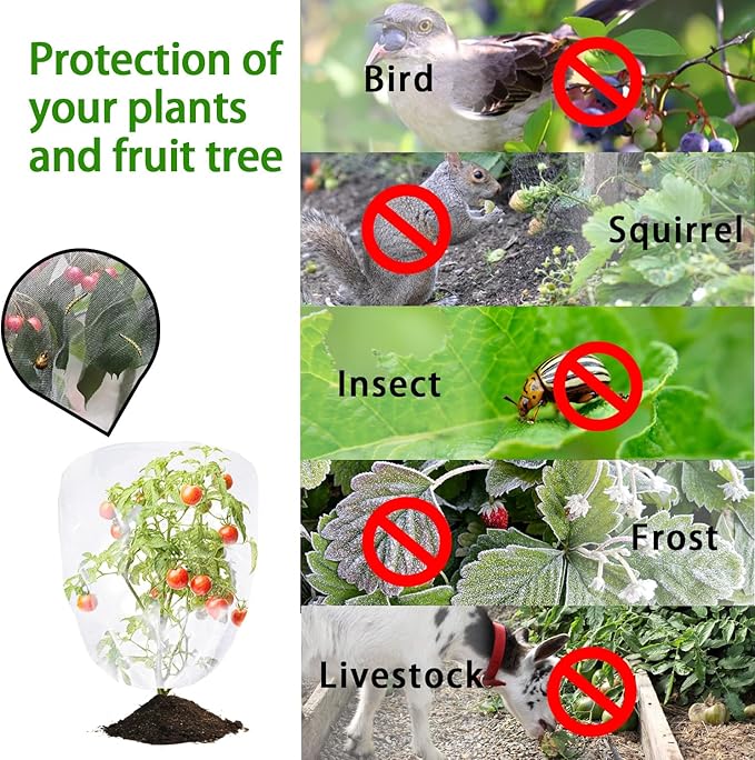 4 Pack Bird Netting for Blueberry Bushes, 3.3 * 4.9Ft Tomato Plant Netting, Plant Covers from Insects, Mesh Plant Protector for Tomatoes, Fruit Tree, Flowers, Vegetables with Drawstring